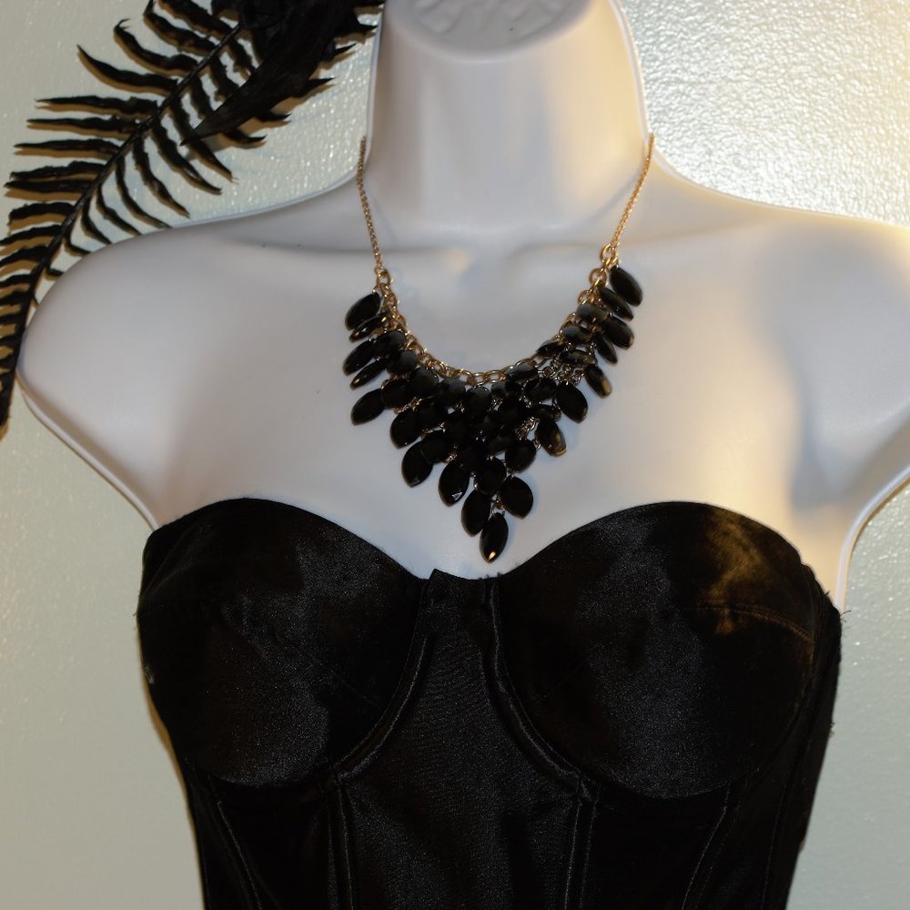 Vintage Black Lucite and Gold Beaded Bib Necklace